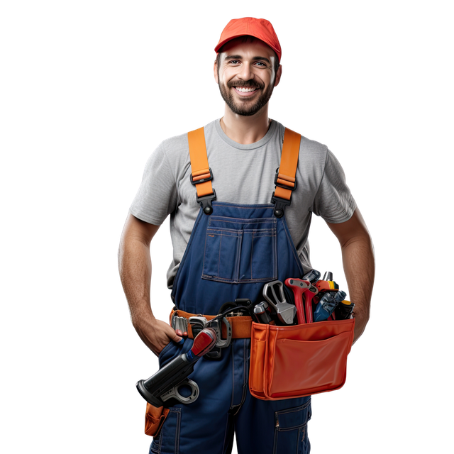 A man in overalls is holding a tool bag full of tools.