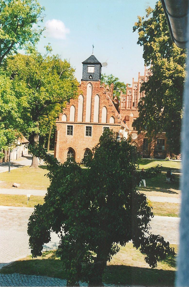 Ein Backsteingebäude mit einem Uhrturm ist von Bäumen umgeben