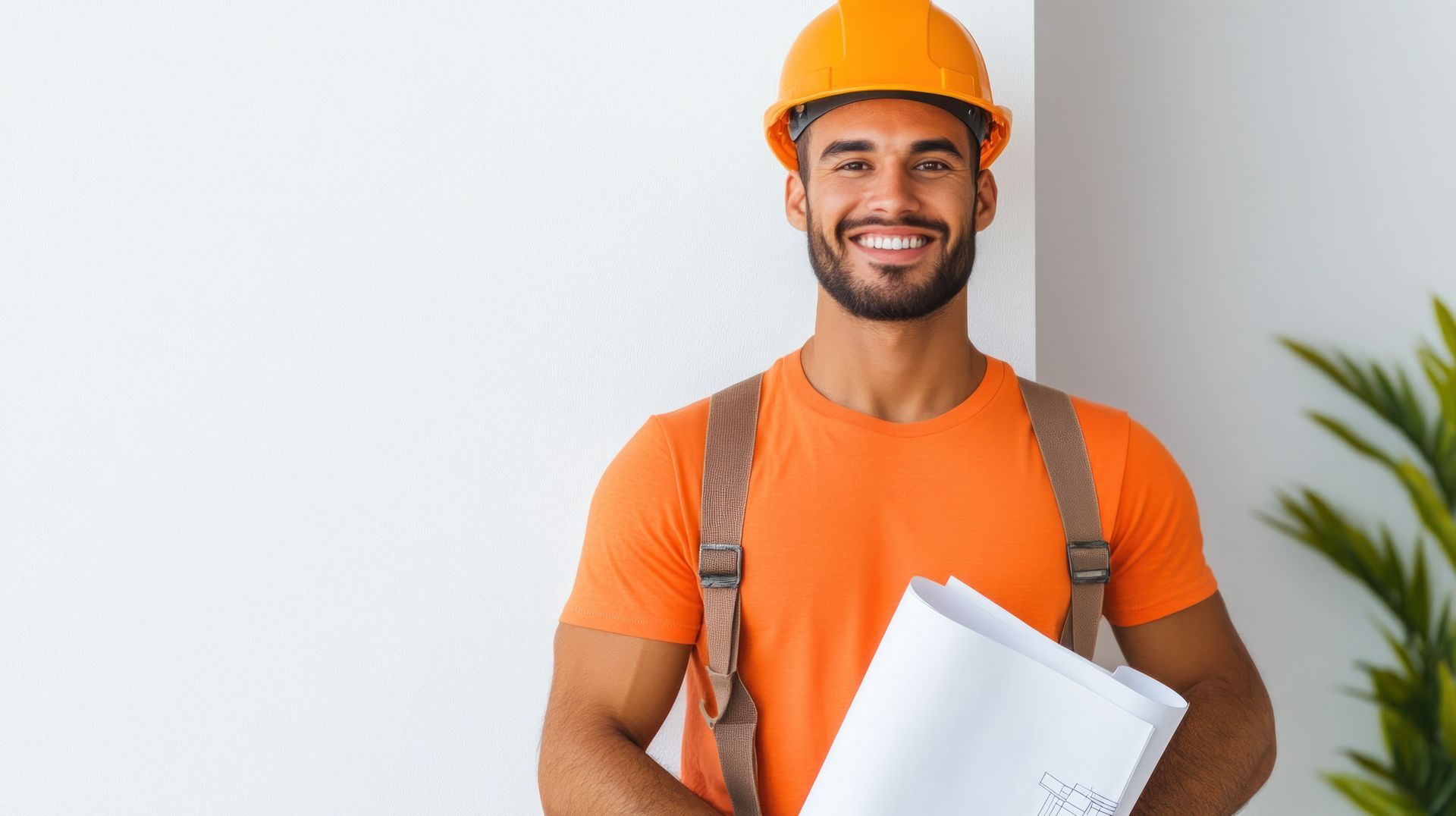 A man wearing a hard hat is holding a blueprint and smiling.