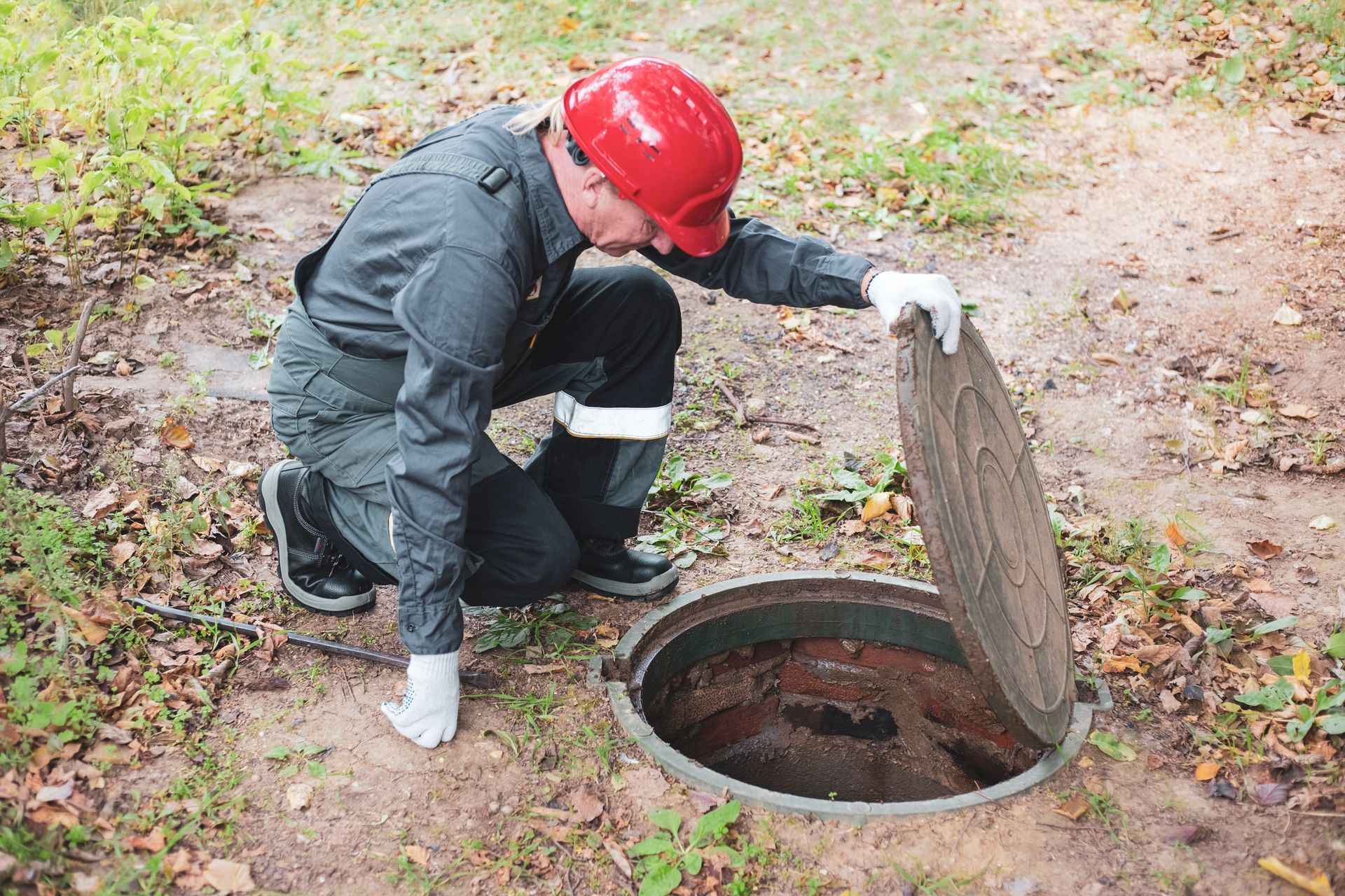 a man in overalls opened a sewer hatch and looks into a septic tank. Cleaning of sewers and drains.