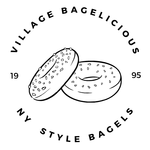 A black and white logo for village bagellicious ny style bagels.