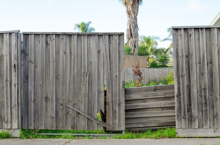 Damaged wooden fence with a hole and broken boards, in a residential yard.
