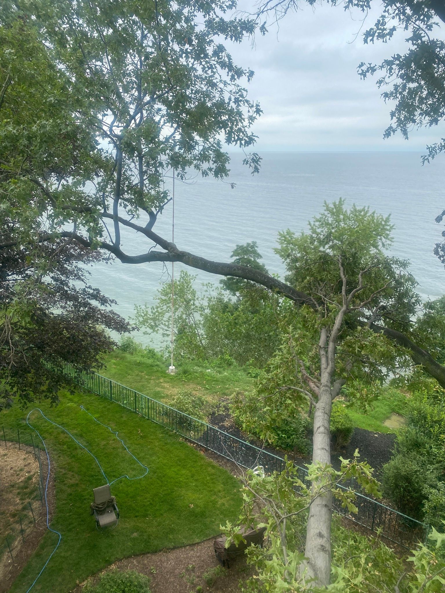 View of a green hillside with trees overlooking a body of water under an overcast sky.