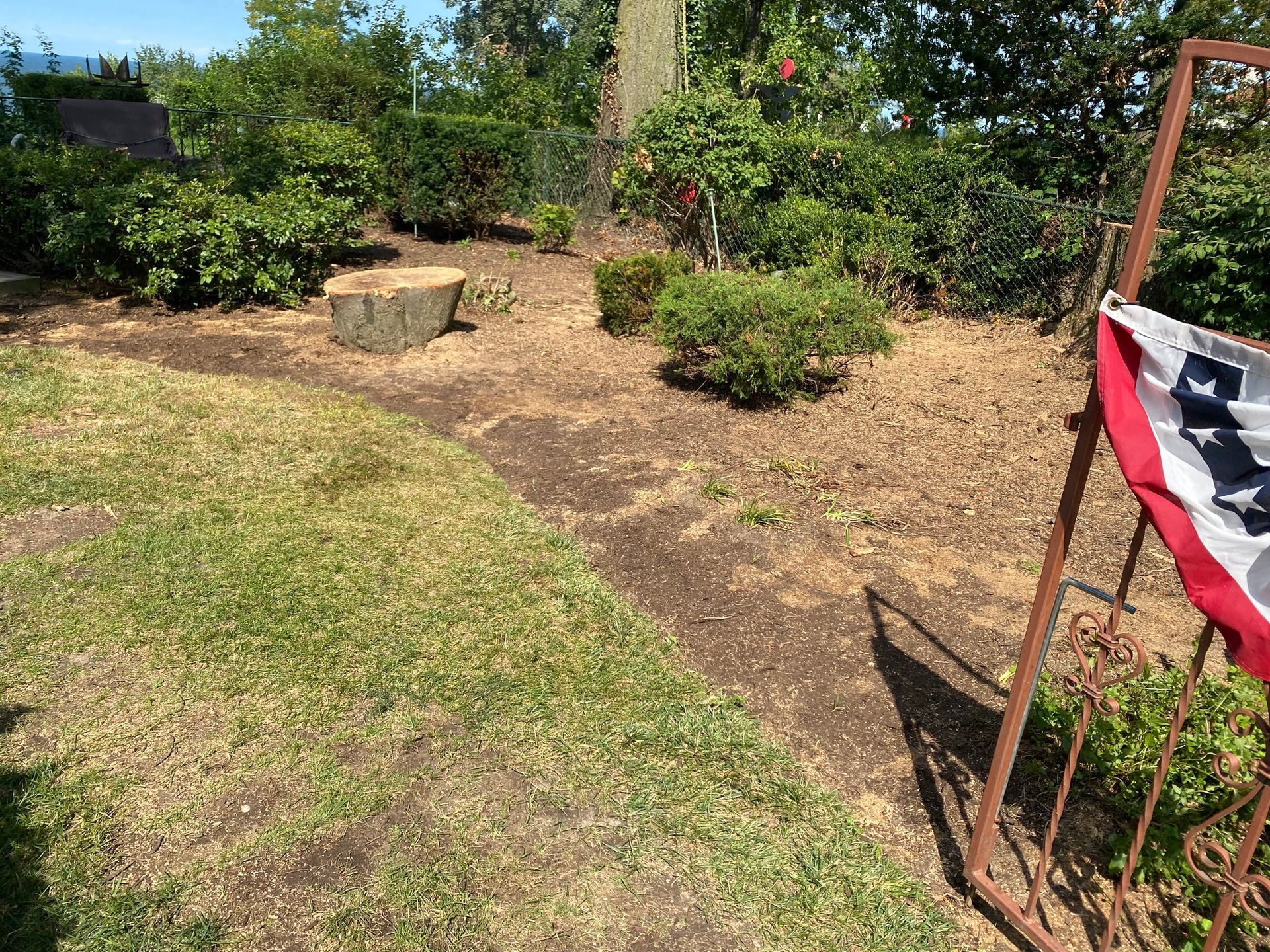 A yard with a cut tree stump, bushes, and an American flag.