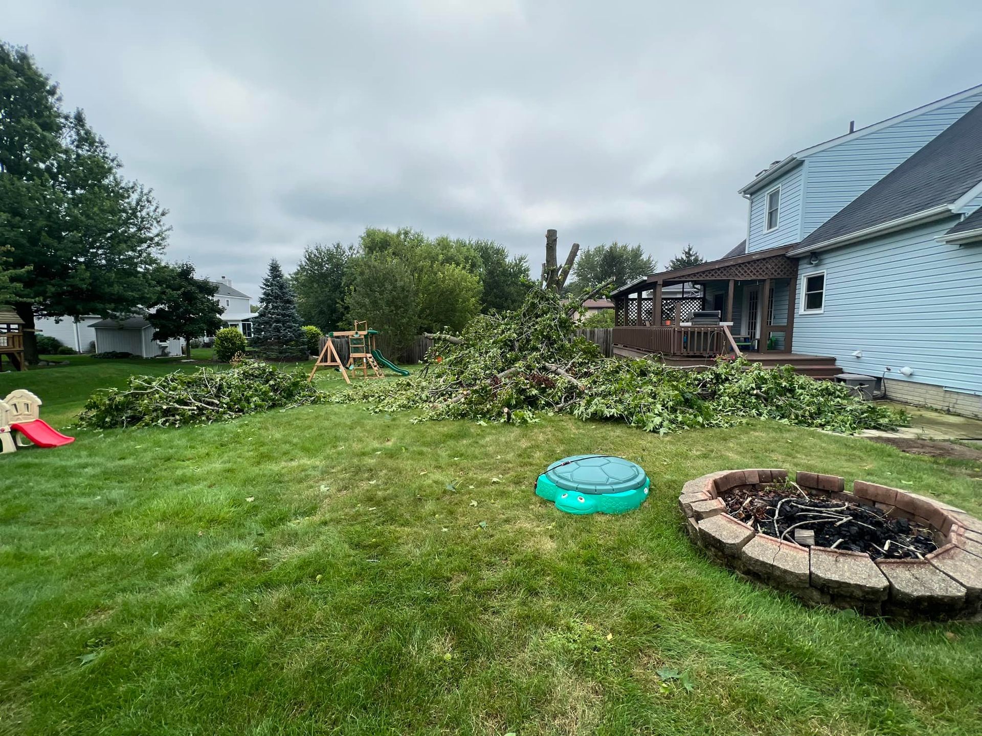 Backyard with cut tree branches on grass, fire pit, deck, and children's play area under cloudy sky.