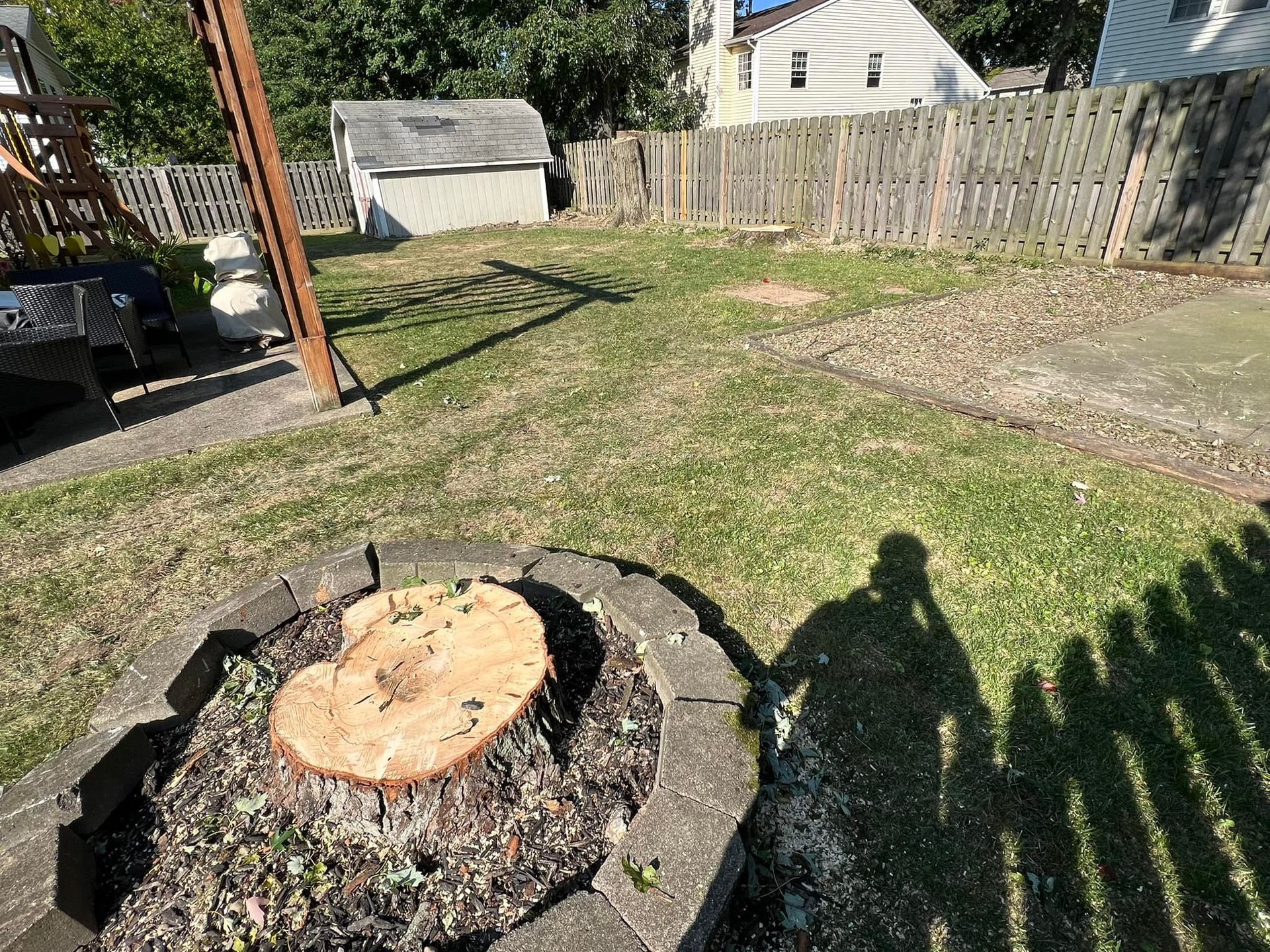 Backyard with tree stump fire pit; a shed, fence, and partially green grass.