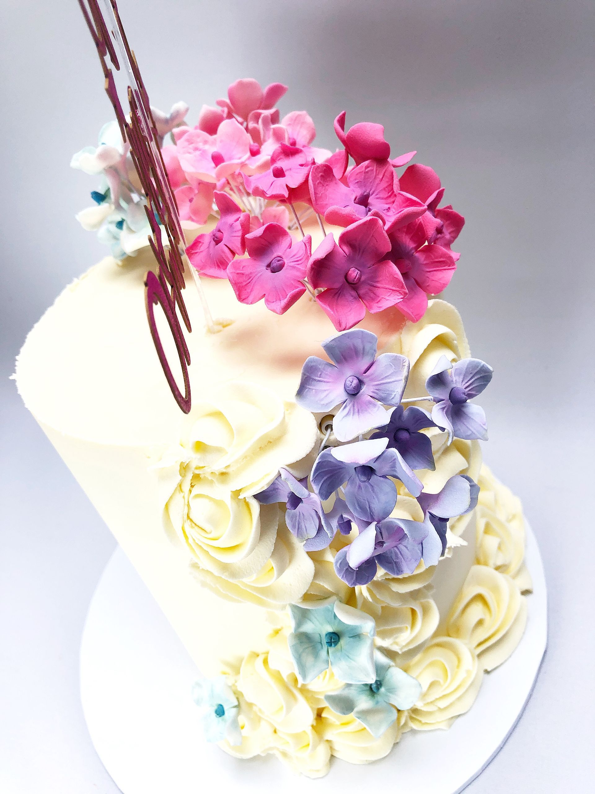 Tall Vanilla Cake with beautiful fondant Hydrangea flowers in pinks, blues and lilacs.