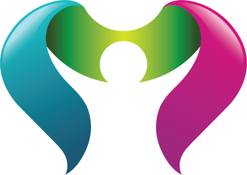 Colorful abstract figure with outstretched arms, center of green gradient, wings of blue and magenta.