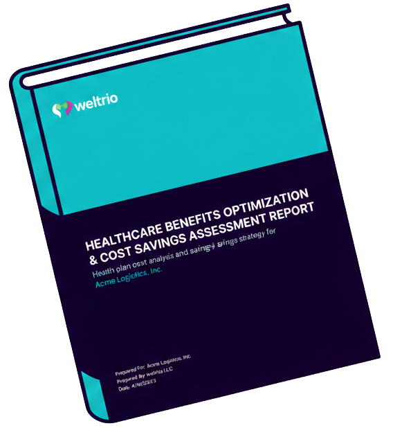 Report cover: Healthcare benefits optimization report for Acme Logistics, Inc., in teal and navy.