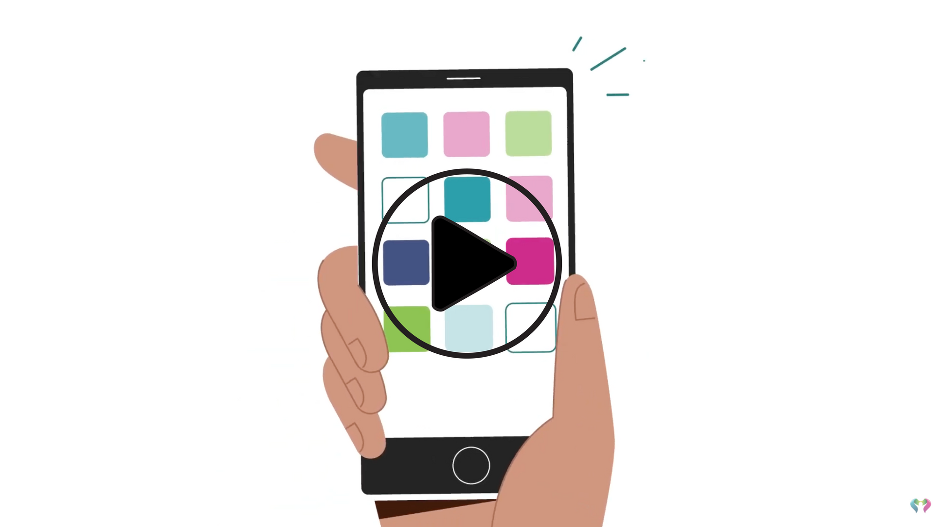 Hand holding smartphone, video play button overlaid on app icons.