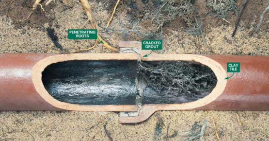 A large pipe in a trench. Brown soil surrounds the pipe, with a wooden brace visible.