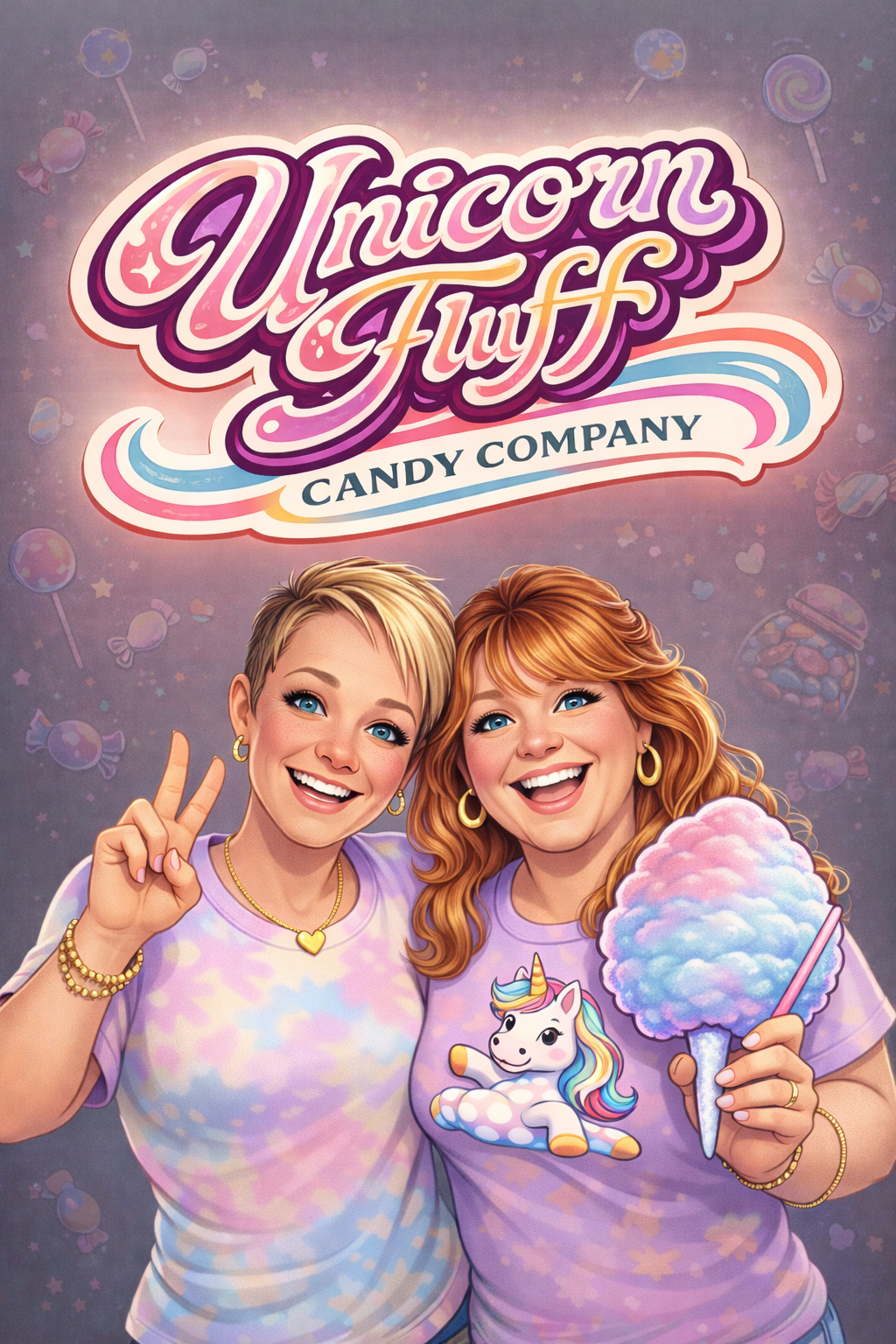Two people smile while holding cotton candy and posing for an ad for Unicorn Fluff Candy Company with a purple background.