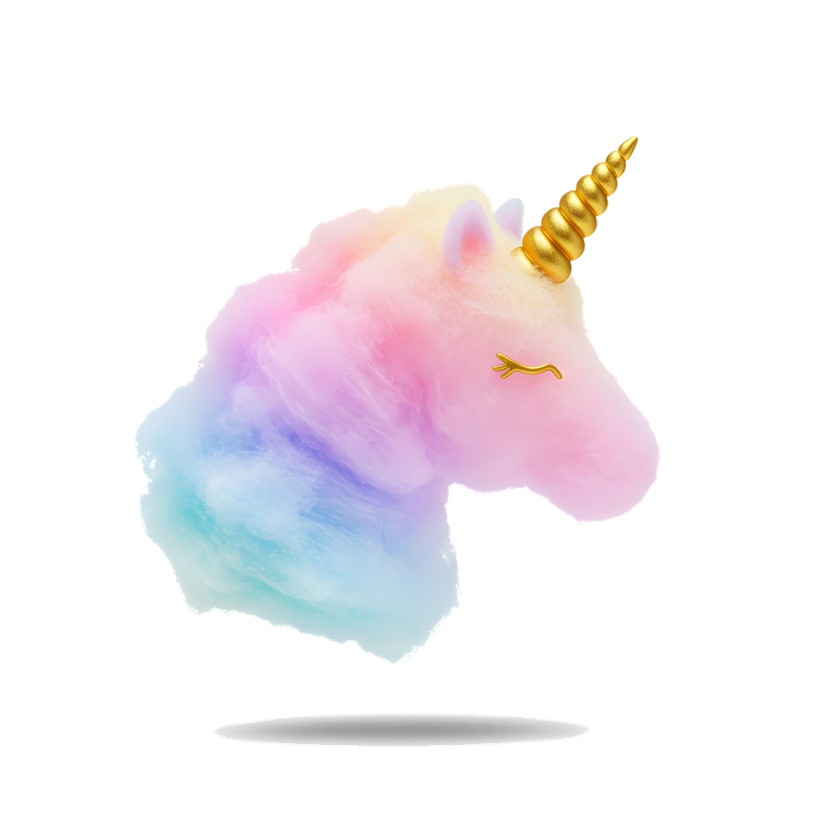 A unicorn head made of pastel-colored cotton candy with a gold horn and closed gold-lined eyes, floating against white.