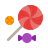 A red swirl lollipop, a small orange circular candy, and a purple wrapped candy on a white background.