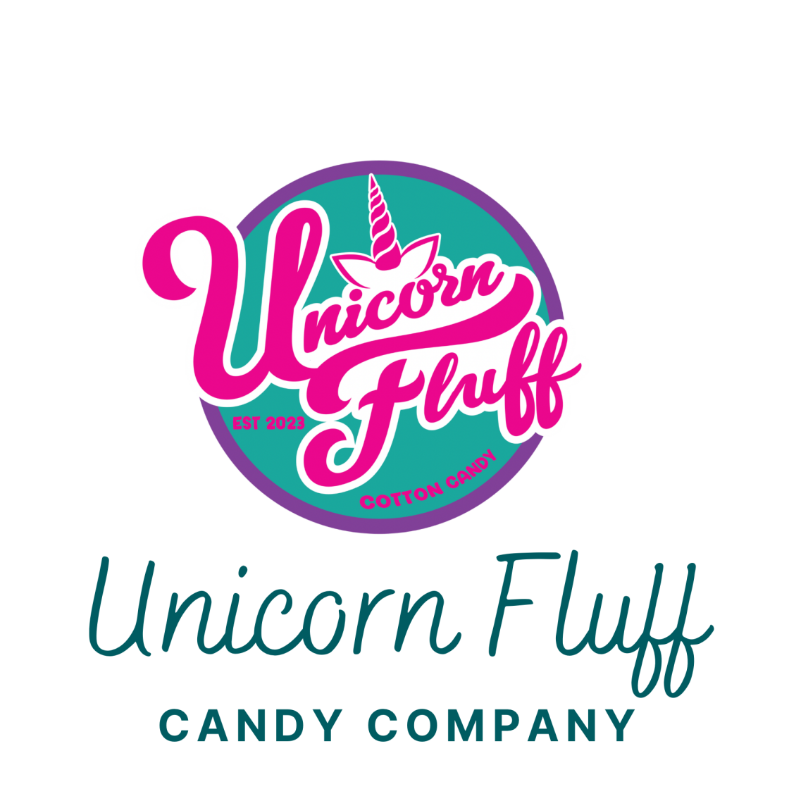 Logo for Unicorn Fluff Candy Company featuring a circular badge with a unicorn horn above stylized text.