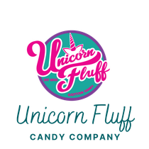 Logo for Unicorn Fluff Candy Company featuring a circular badge with a unicorn horn above stylized text.