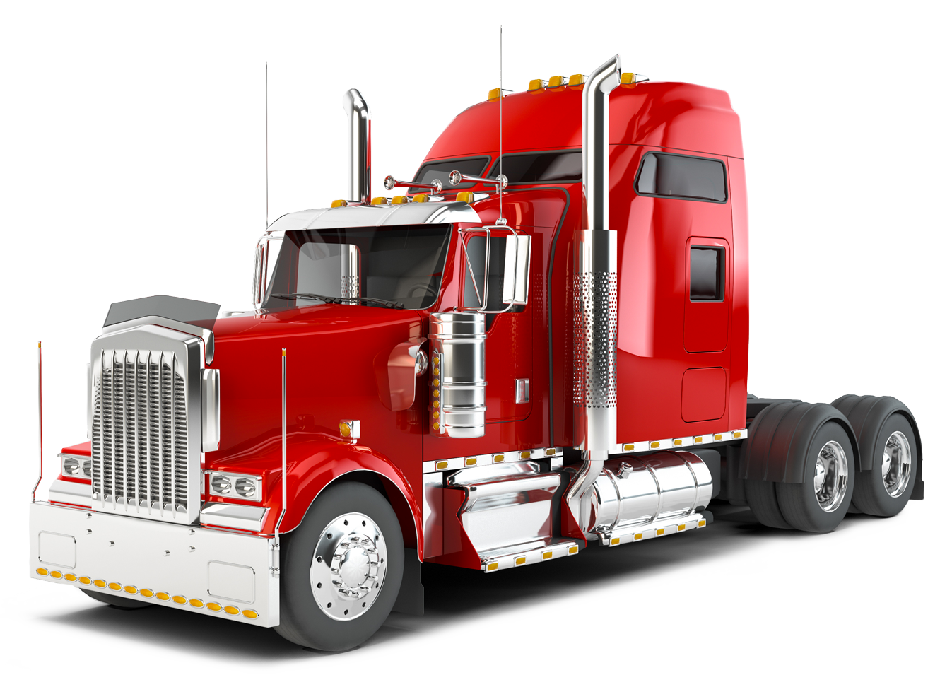 A red semi truck with a trailer on a white background.