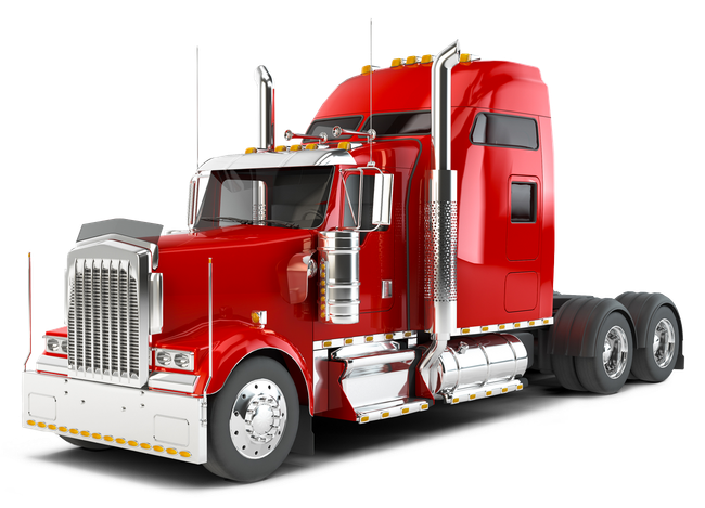 A red semi truck with a trailer on a white background.