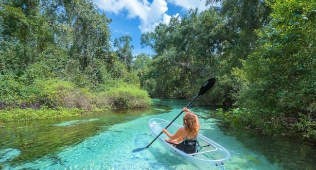 A person paddles a transparent kayak through a clear, turquoise river surrounded by lush green forest.