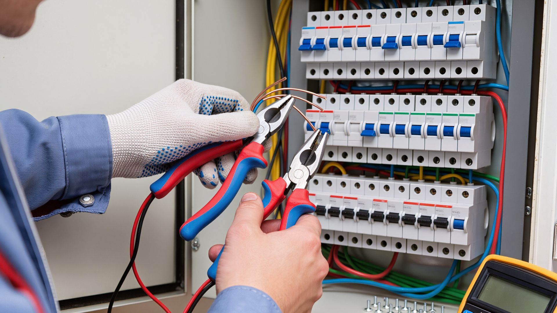 Hands using pliers to connect electrical wires inside a breaker panel during detailed wiring repair