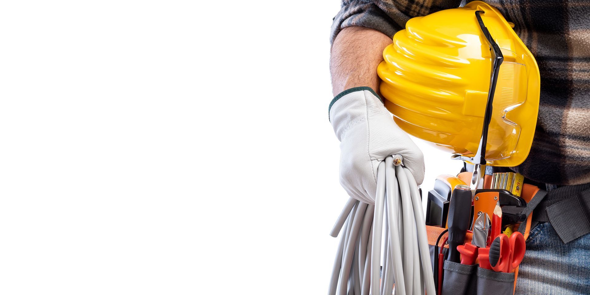 Construction worker holding cables and a yellow hard hat with tools at the waist. Construction worker holding cables and a yellow hard hat with tools at the waist.