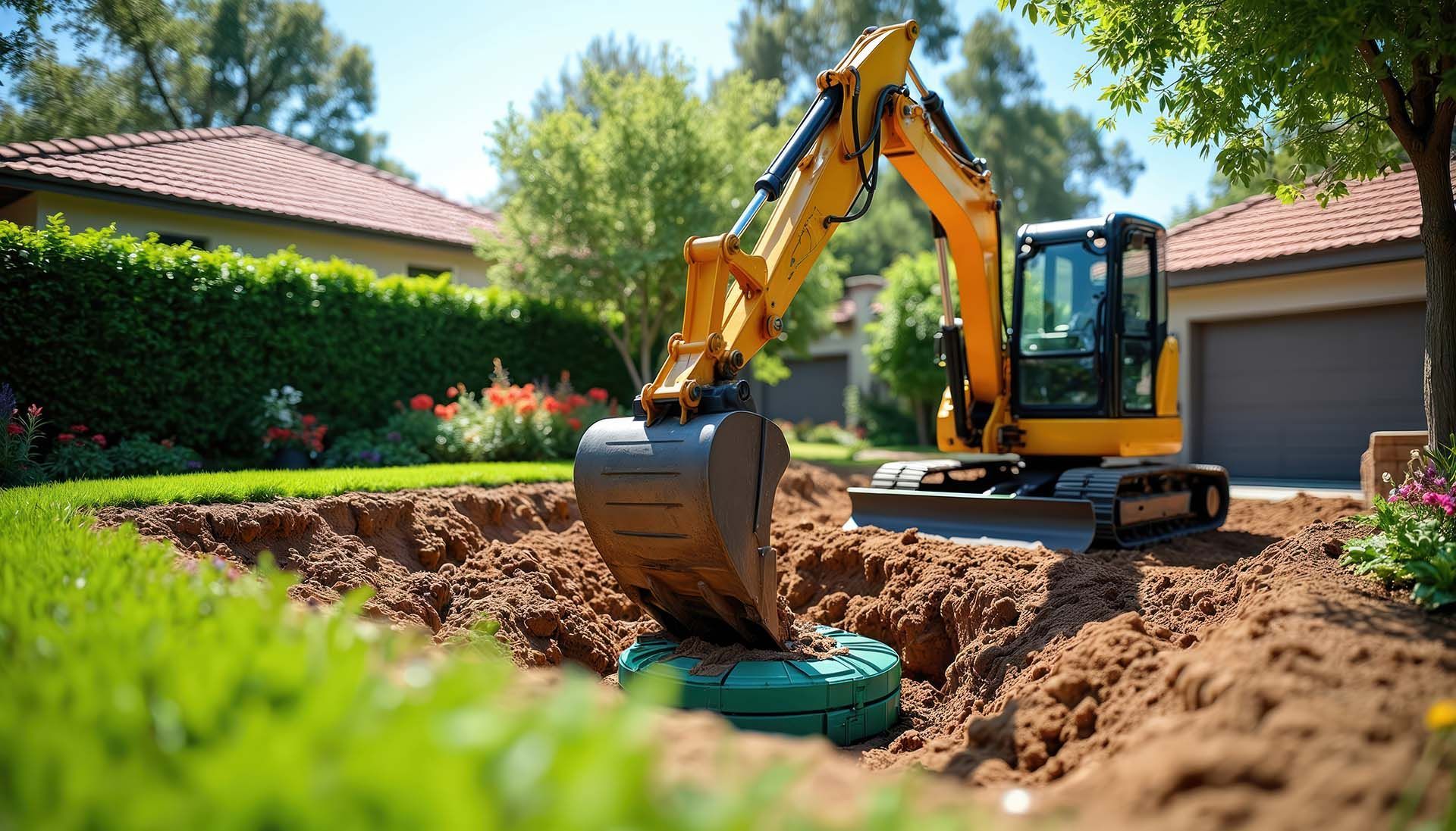 A mini excavator digging a trench for a professional residential septic system installation.