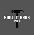 Black hammer logo with white text &ldquo;BUILD IT BROS PTBO&rdquo; on gray background