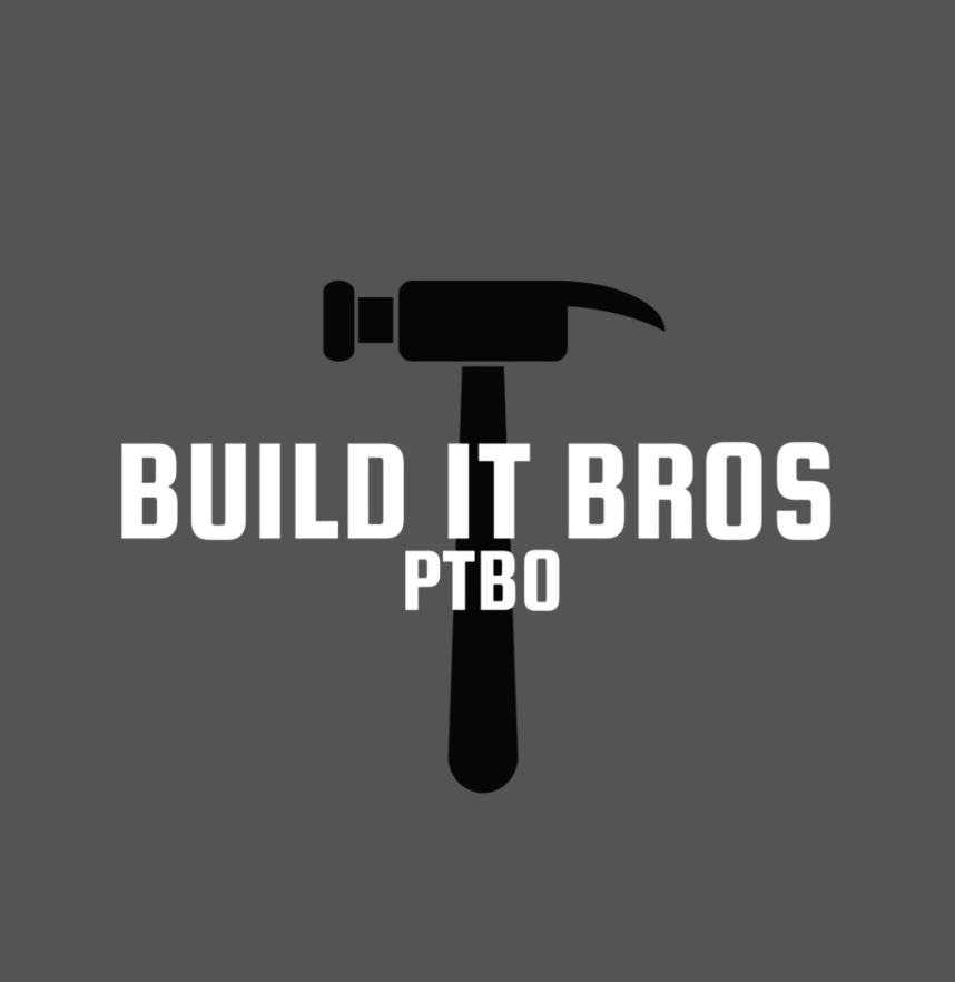 Black hammer logo with white text “BUILD IT BROS PTBO” on gray background