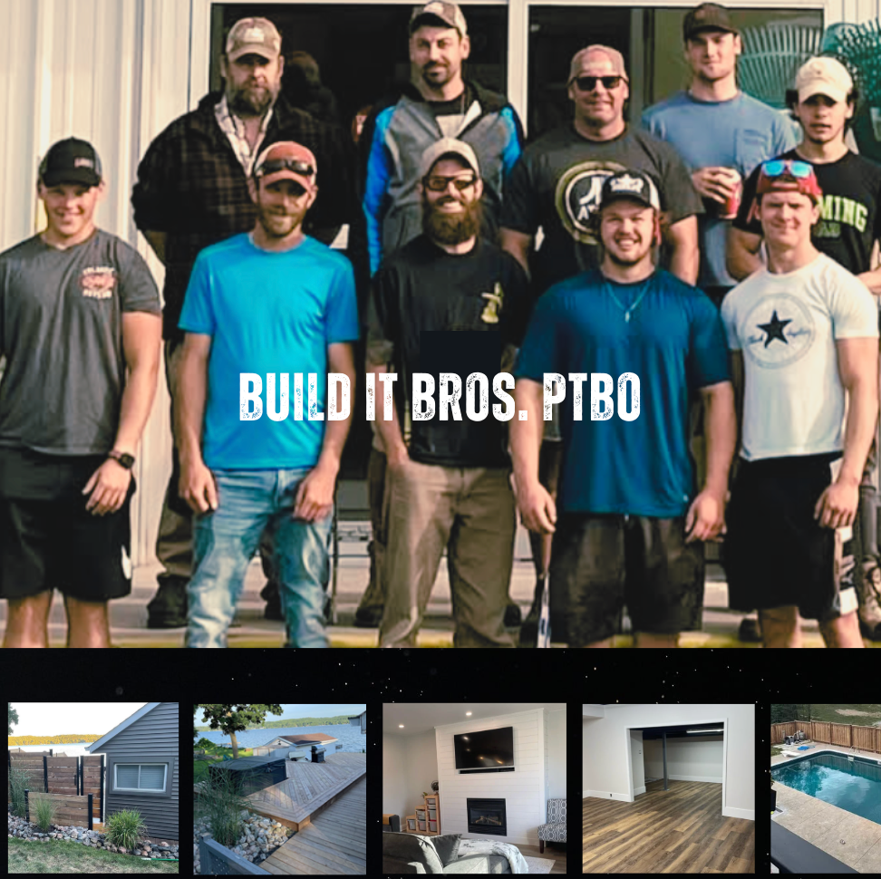 Eight people posing in front of a house, with four renovation project thumbnails below.
