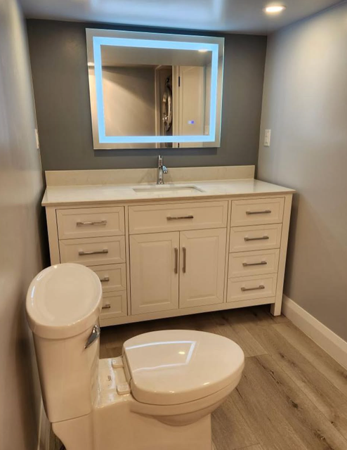 Modern bathroom with gray walls, white vanity and mirror, toilet, and bidet on wood-look floor.