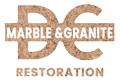 Pile of grey rocks with text "D C Marble and Granite Restoration" on a marble background.