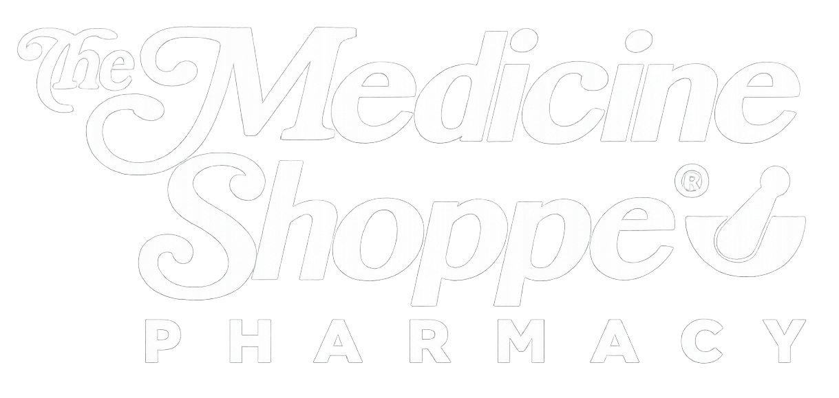 Medicine Shoppe Pharmacy logo in white text with a mortar and pestle icon on a light background