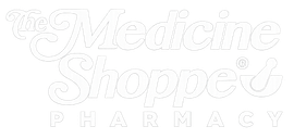 Medicine Shoppe Pharmacy logo in white text with a mortar and pestle icon on a light background
