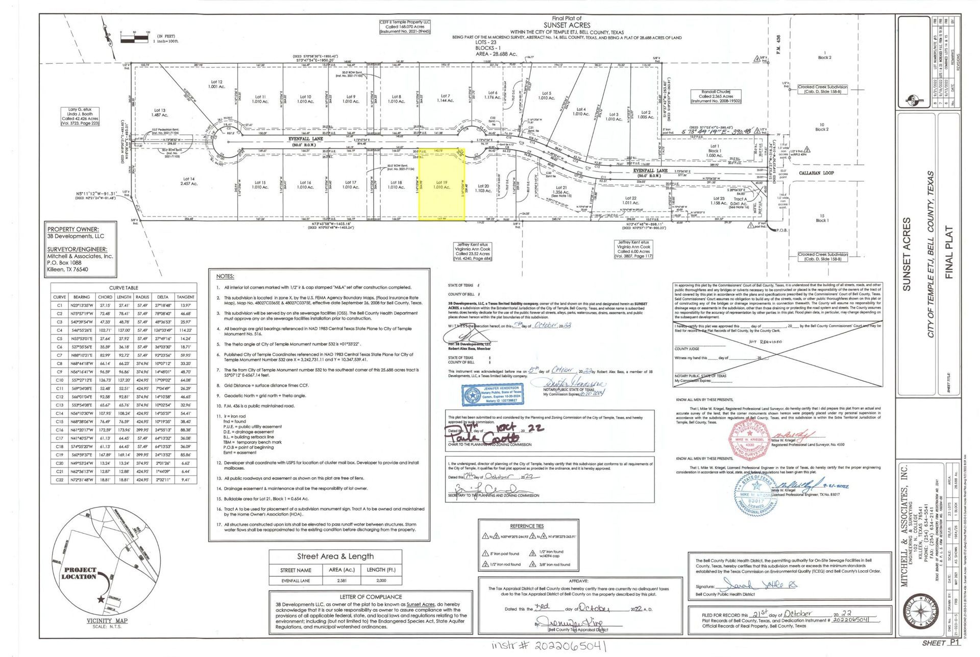 Land survey map with highlighted yellow section, showing property lines, dimensions, and other details.