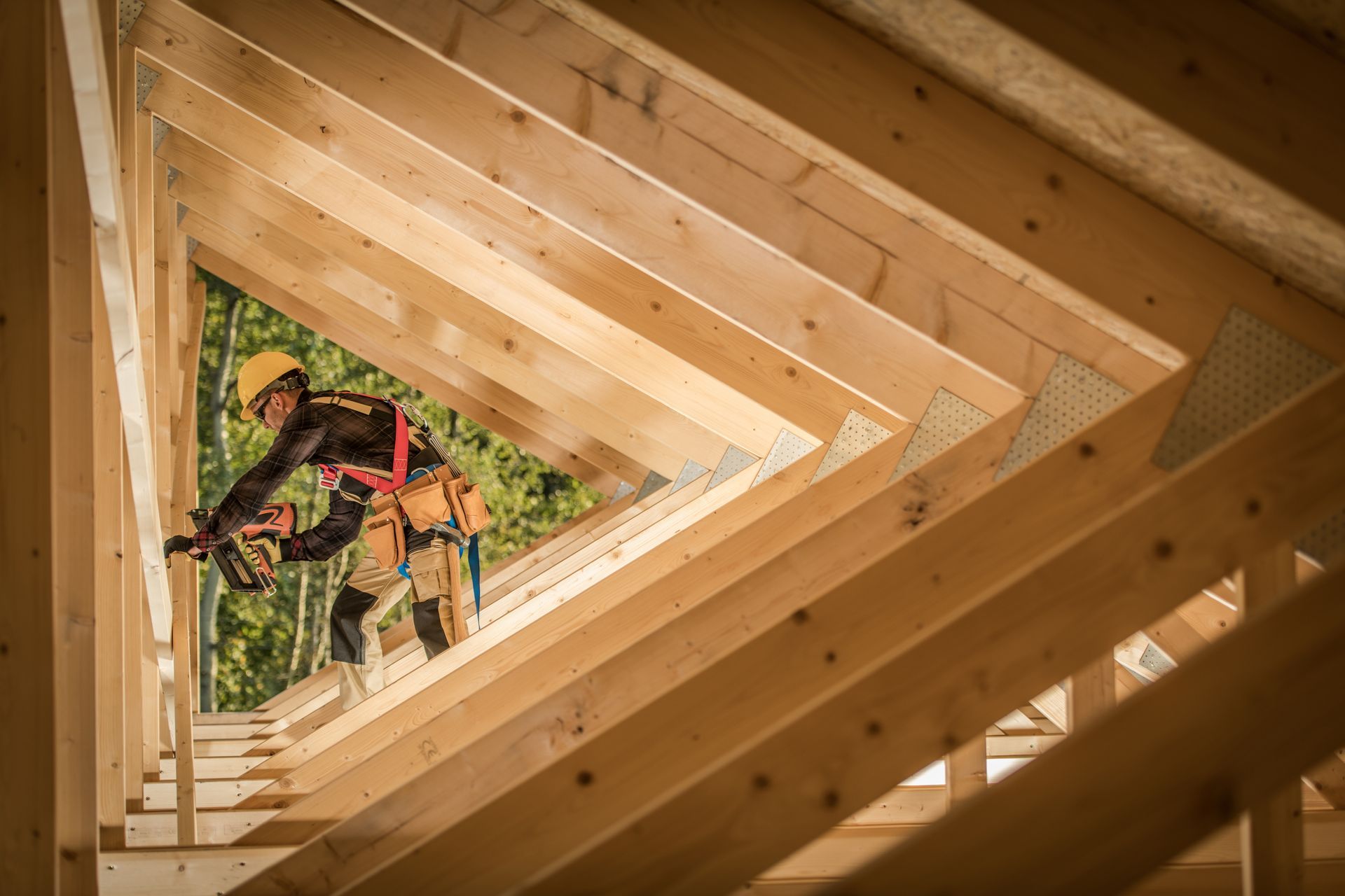 Construction worker in a safety harness working on wooden roof trusses