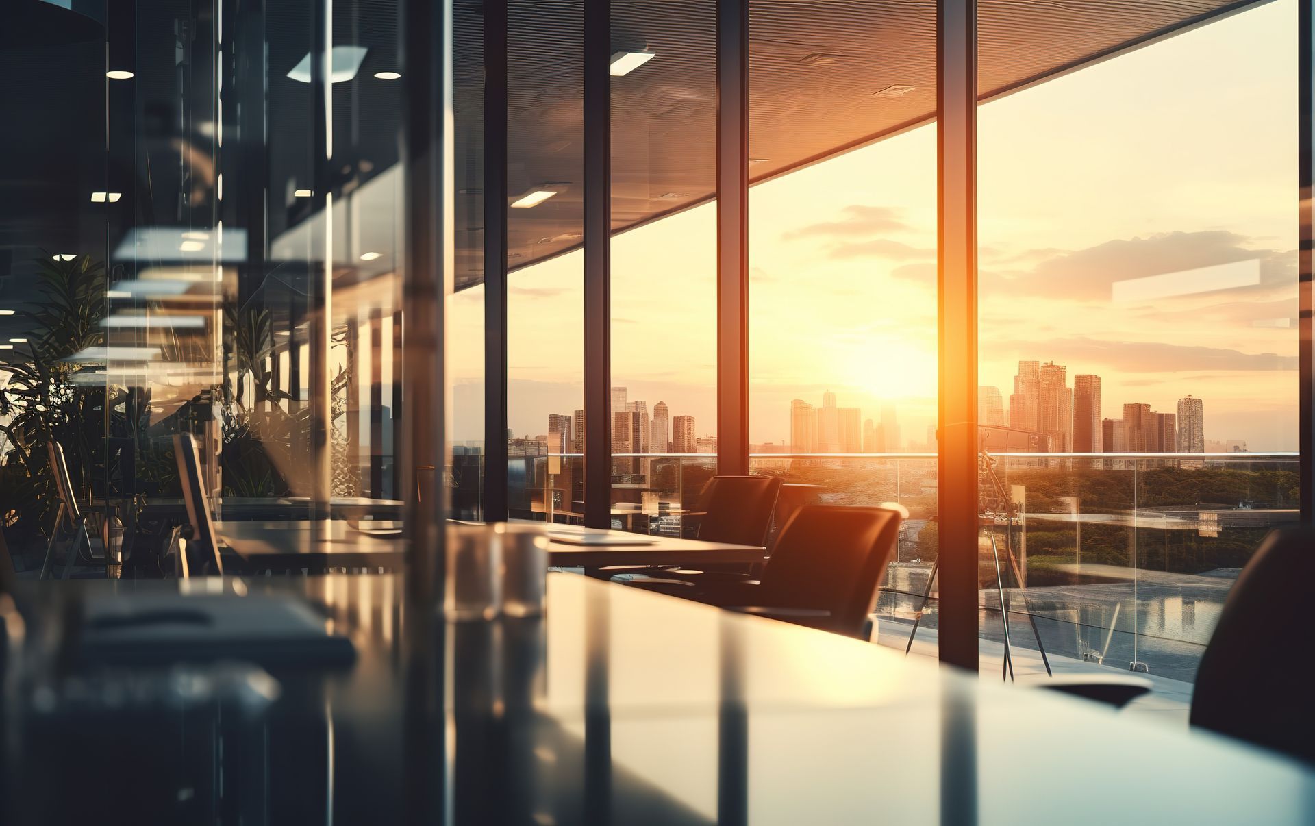 A modern, dimly lit office interior overlooks a city skyline during a warm, golden sunset.