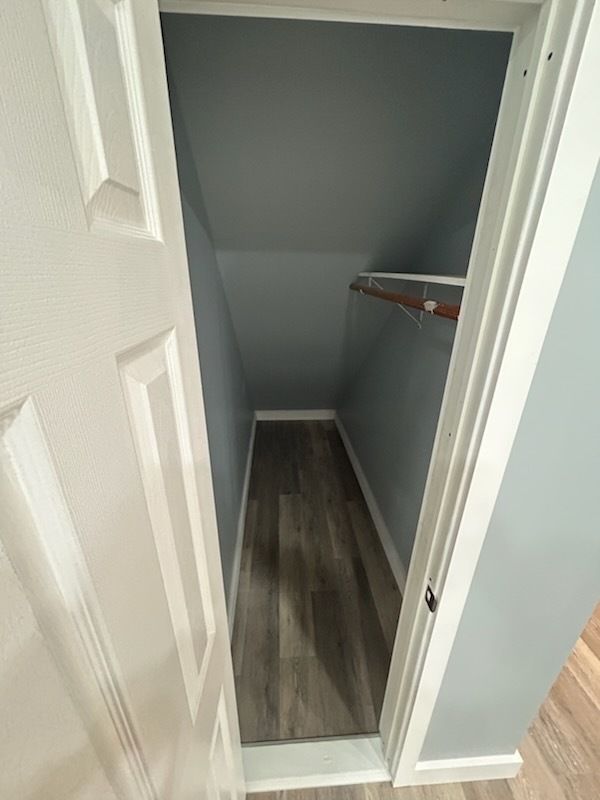 Open closet with gray walls, wooden floor, and a clothes rod.