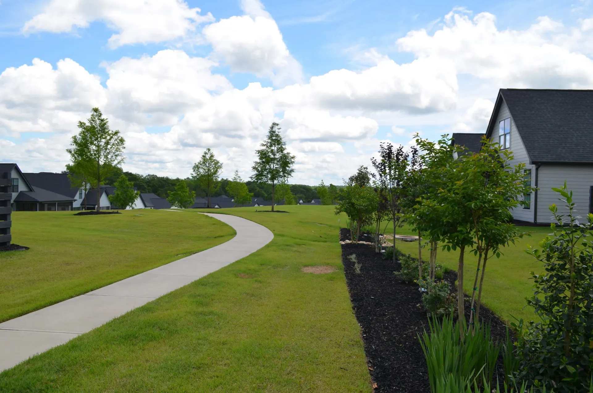 Curved sidewalk through a green neighborhood park with houses and young trees under a cloudy sky
