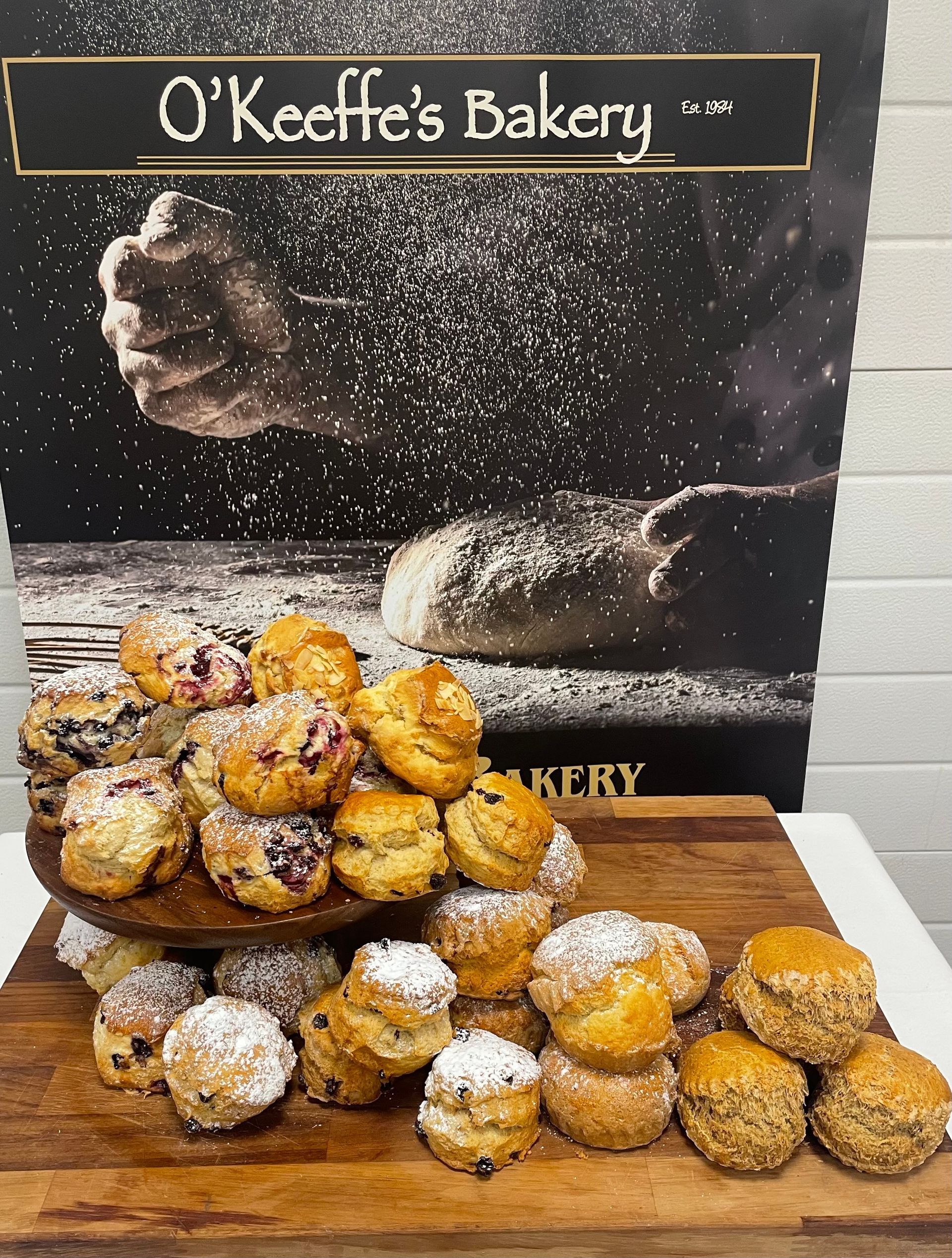 O keeffe 's bakery has a variety of pastries on display