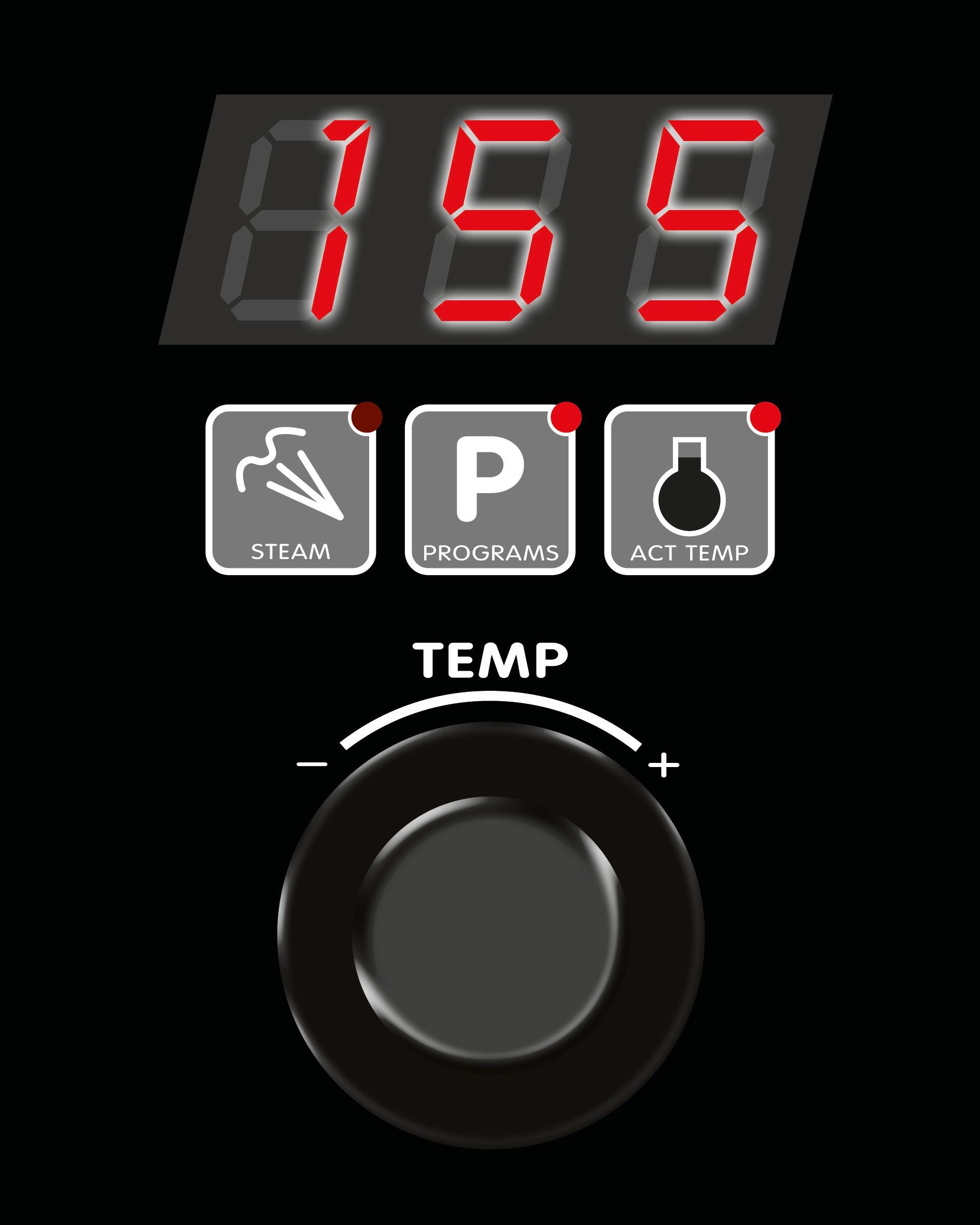 A digital display with a button that says temp on it.