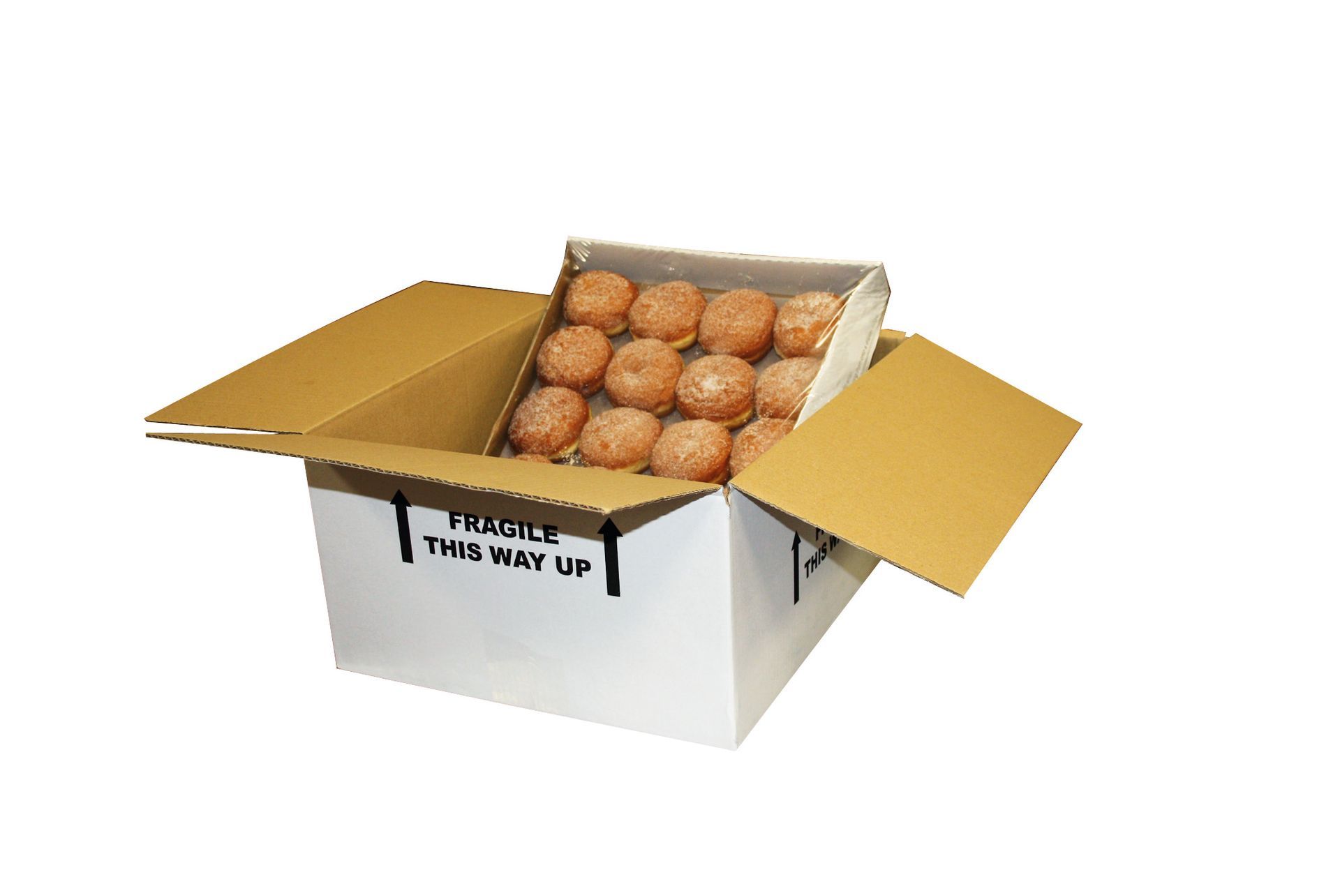 A cardboard box filled with donuts with the lid open.
