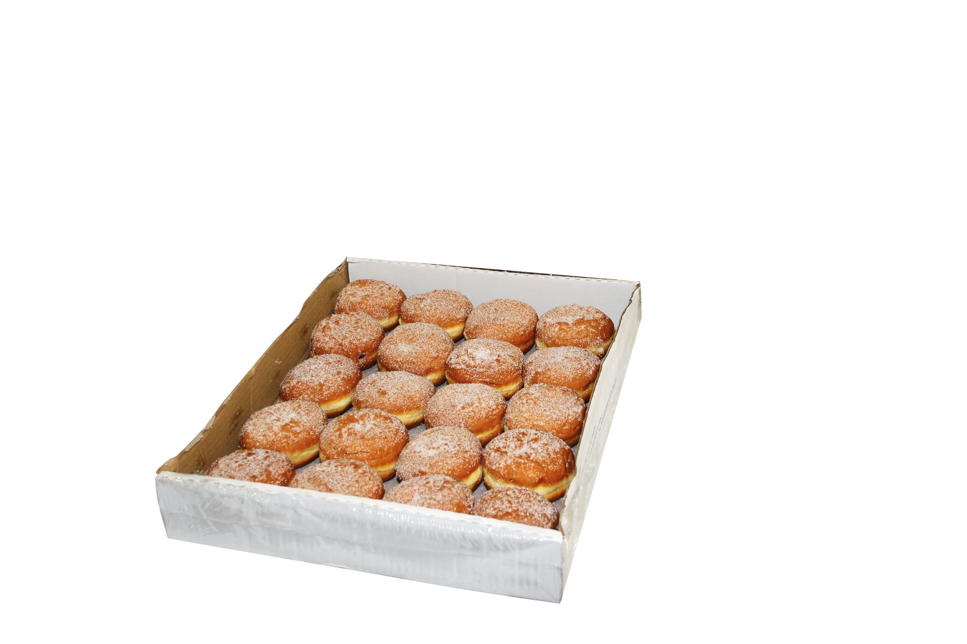 A box filled with donuts on a white background.