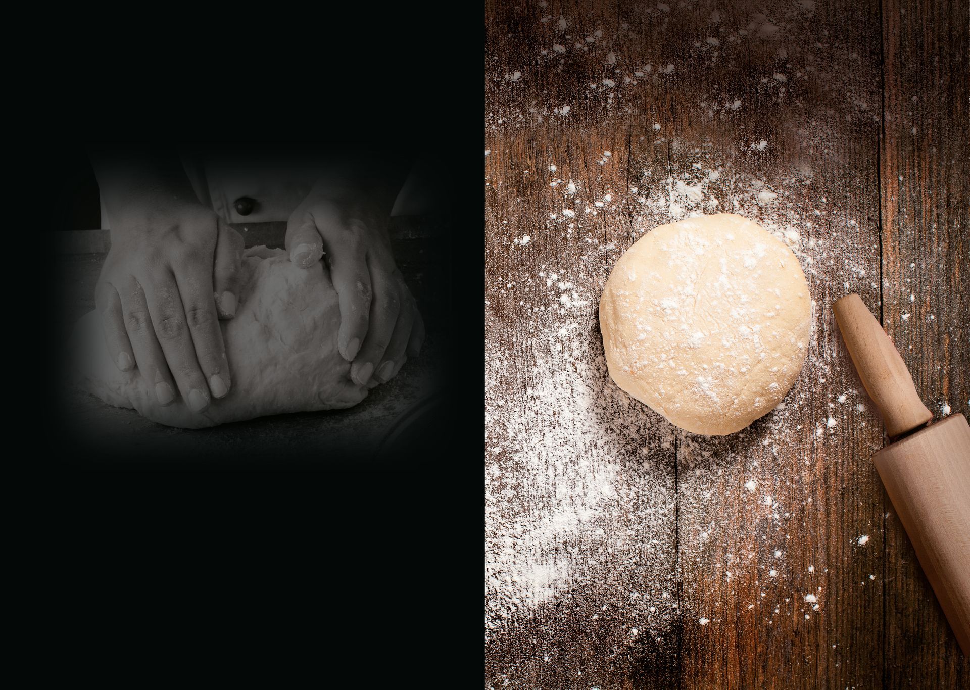 A person is kneading dough with a rolling pin on a wooden table.