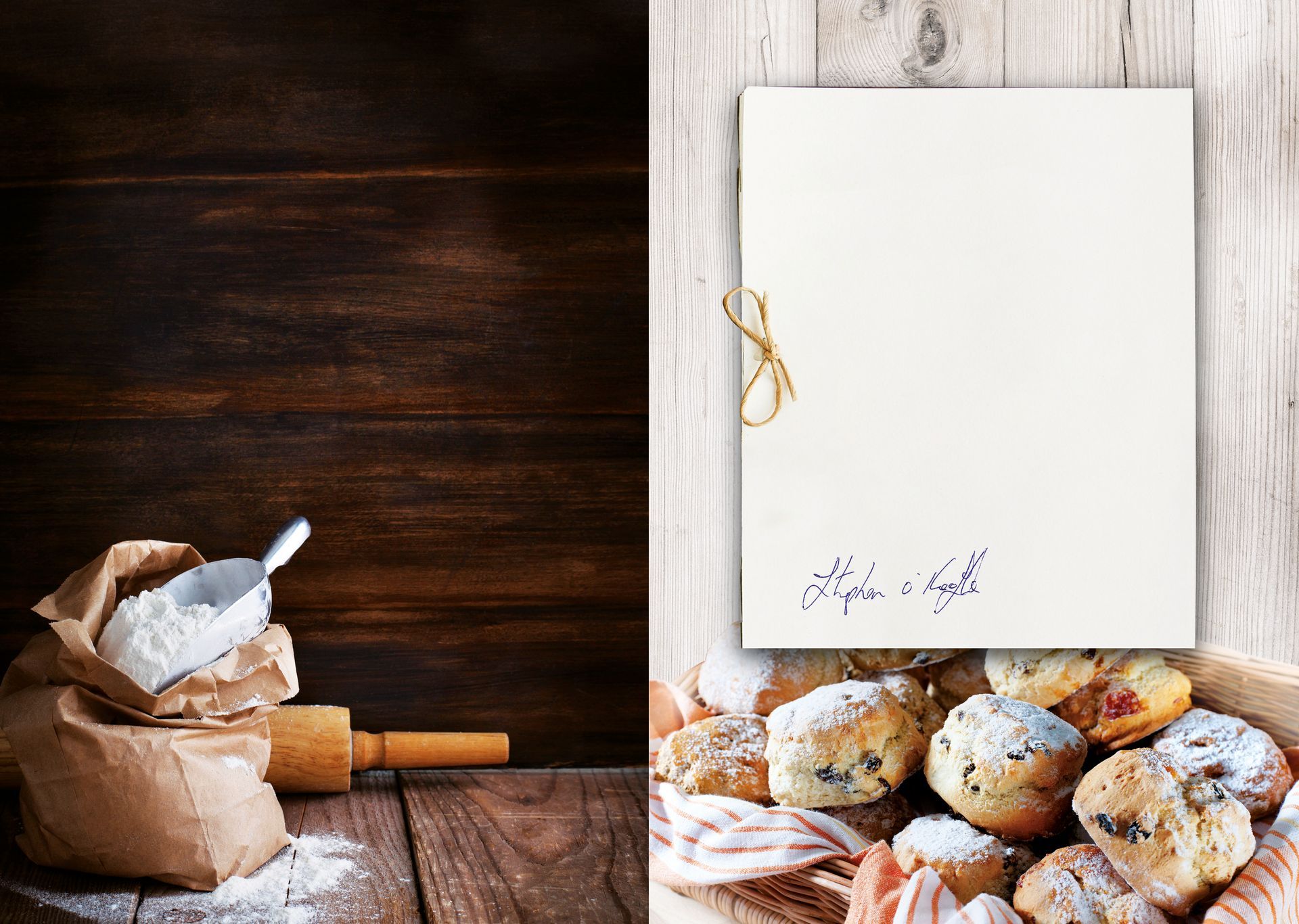 There is a picture of a rolling pin and a picture of a bunch of bread on a wooden table.