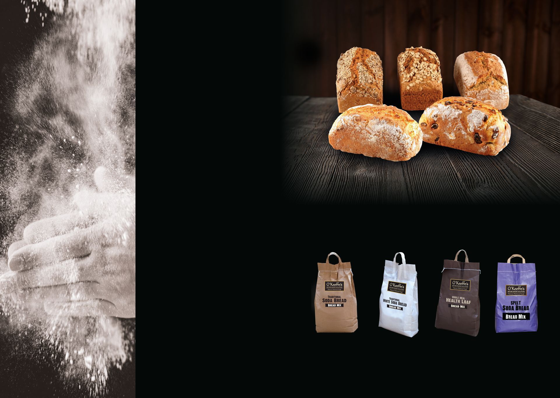 A bunch of bread sitting on a table next to a bag of flour