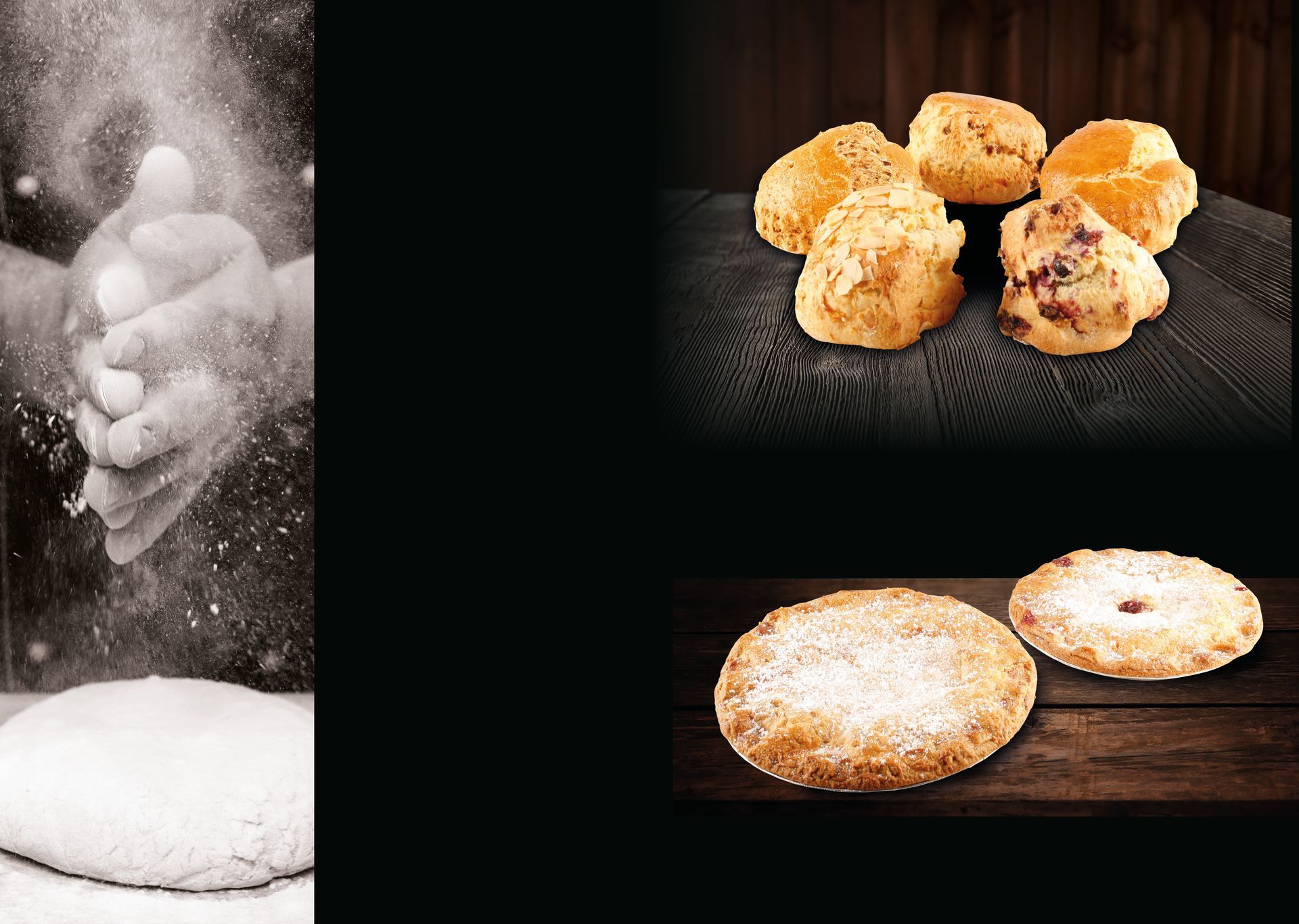 A person is sprinkling flour on a dough and a bunch of cookies are on a table.