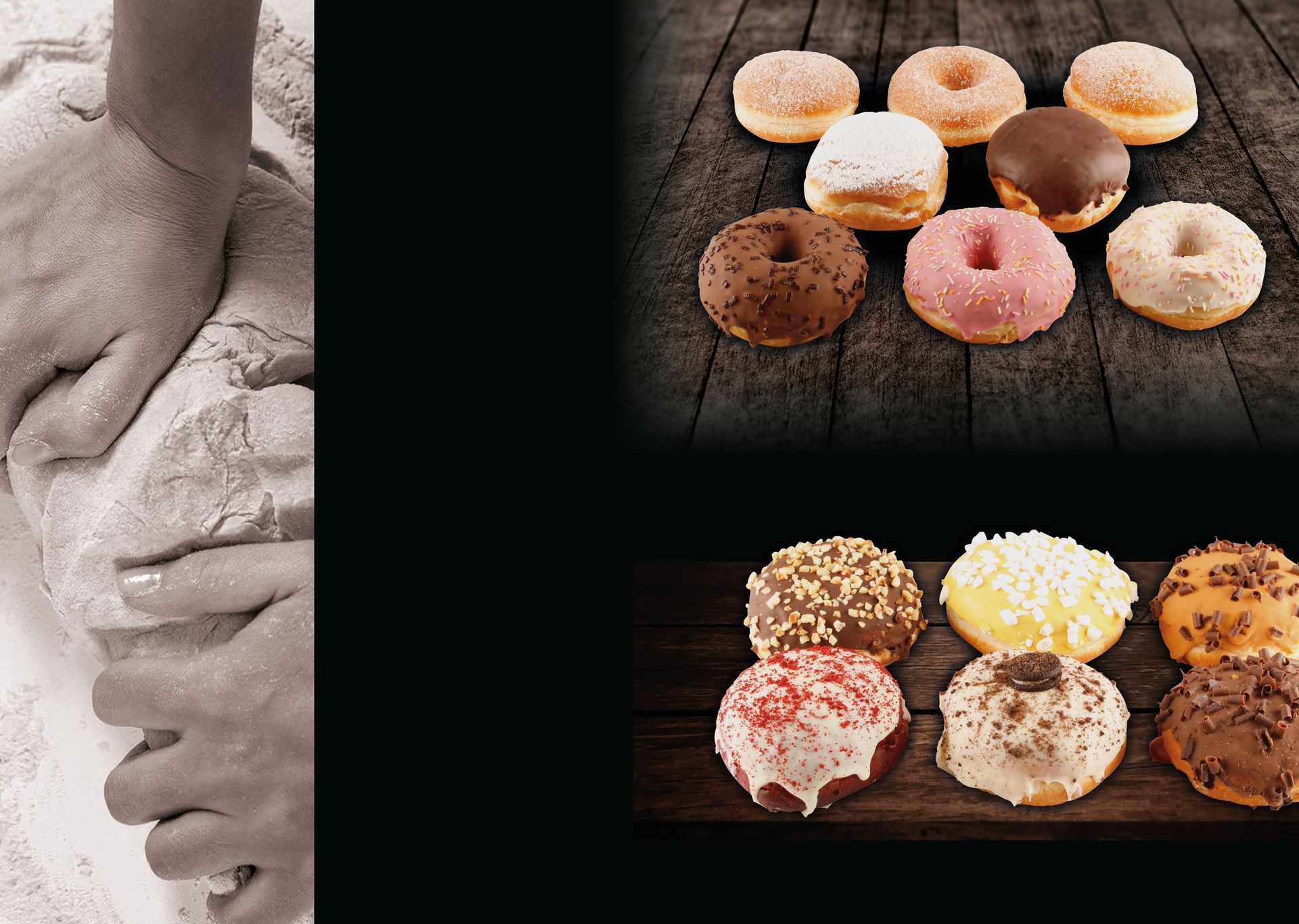A person is kneading dough next to a bunch of donuts