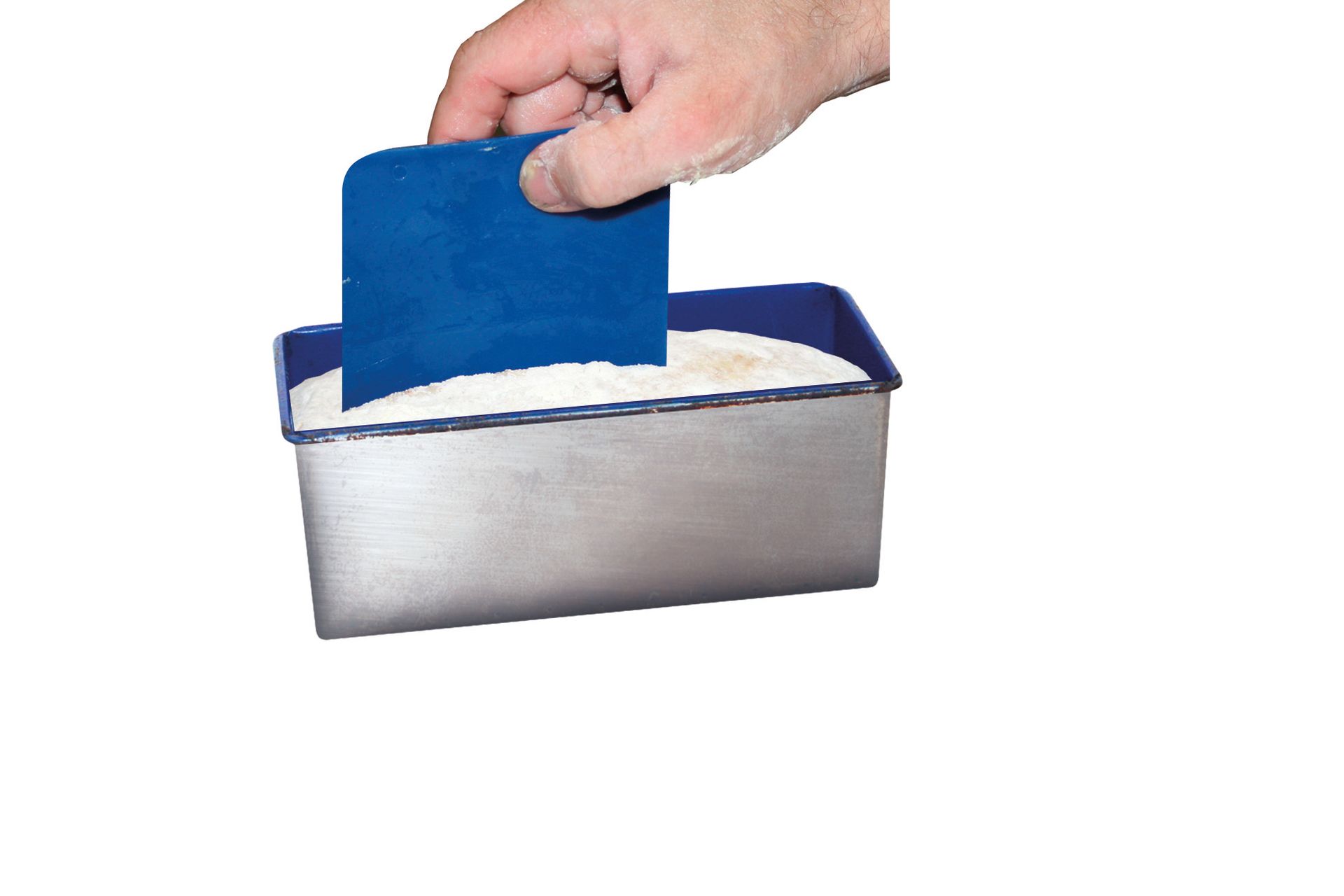 A person is holding a blue spatula over a container of sugar.