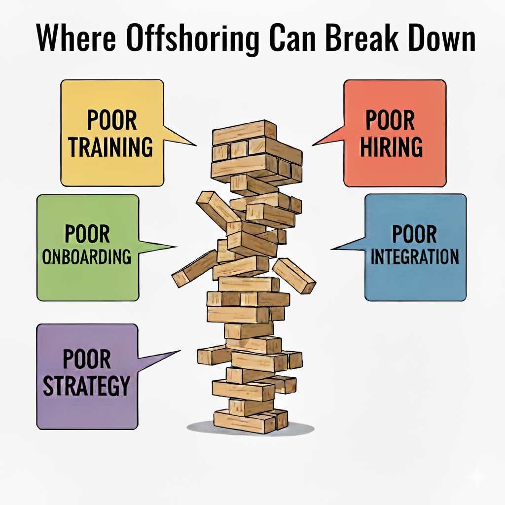 A Jenga tower illustrating where offshoring can fail: Poor training, hiring, onboarding, integration, and strategy.