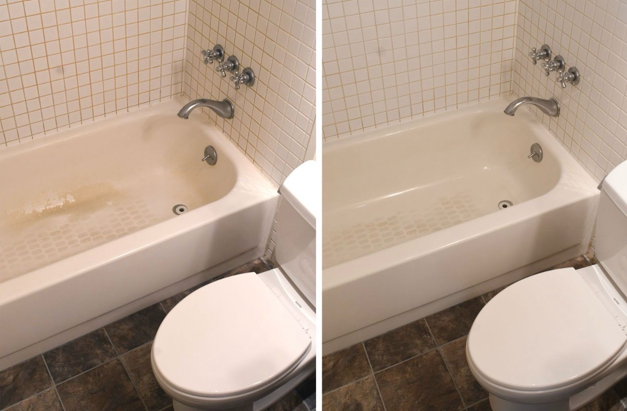 Comparison of a dirty bathtub with a clean one, showing before and after cleaning, tiled wall, toilet.